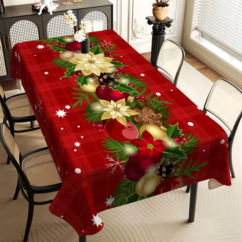Description Picture 2 of itemChristmas Poinsettia Pine Needle Bell Rectangle Tablecloth Party Decor Reusable Waterproof Tablecloth Christmas Decorations