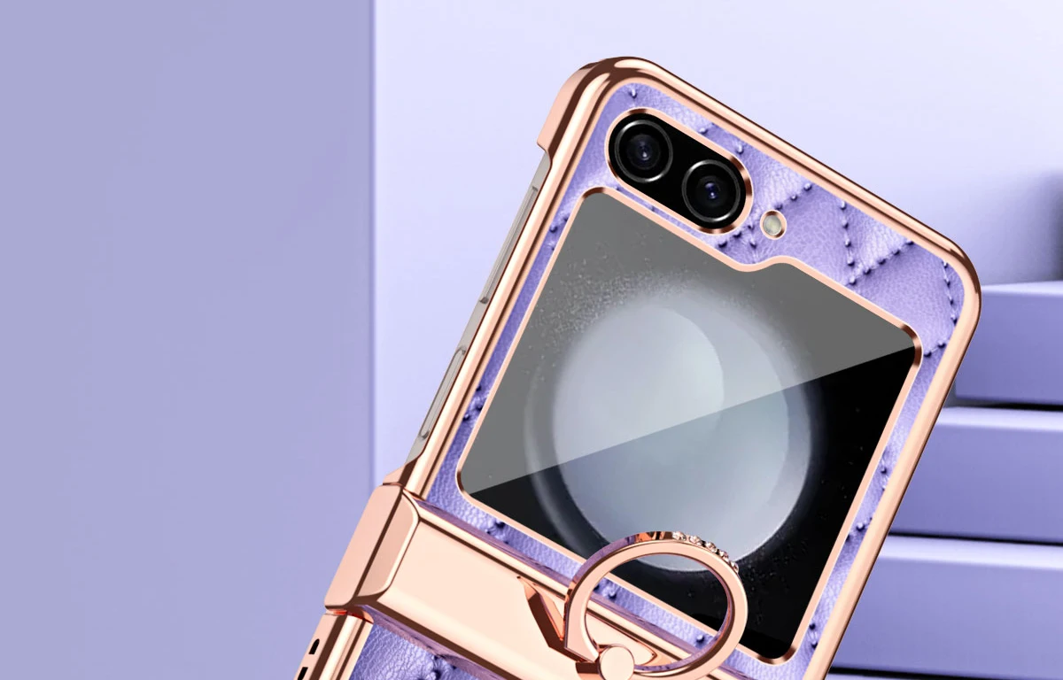 Leather Diamond Grid Metal Finger Ring Phone Case For Samsung Galax 4 3 Hard Platinghockproof Cover for Z Flip5_voghion.com