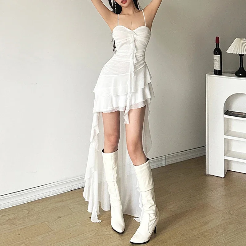 Y2K Irregular White Midi Dress Women Gothic Sexy Spaghetti Straps Ruffles Black Dresses Summer Korean Fairy Holiday Vestidos New 2