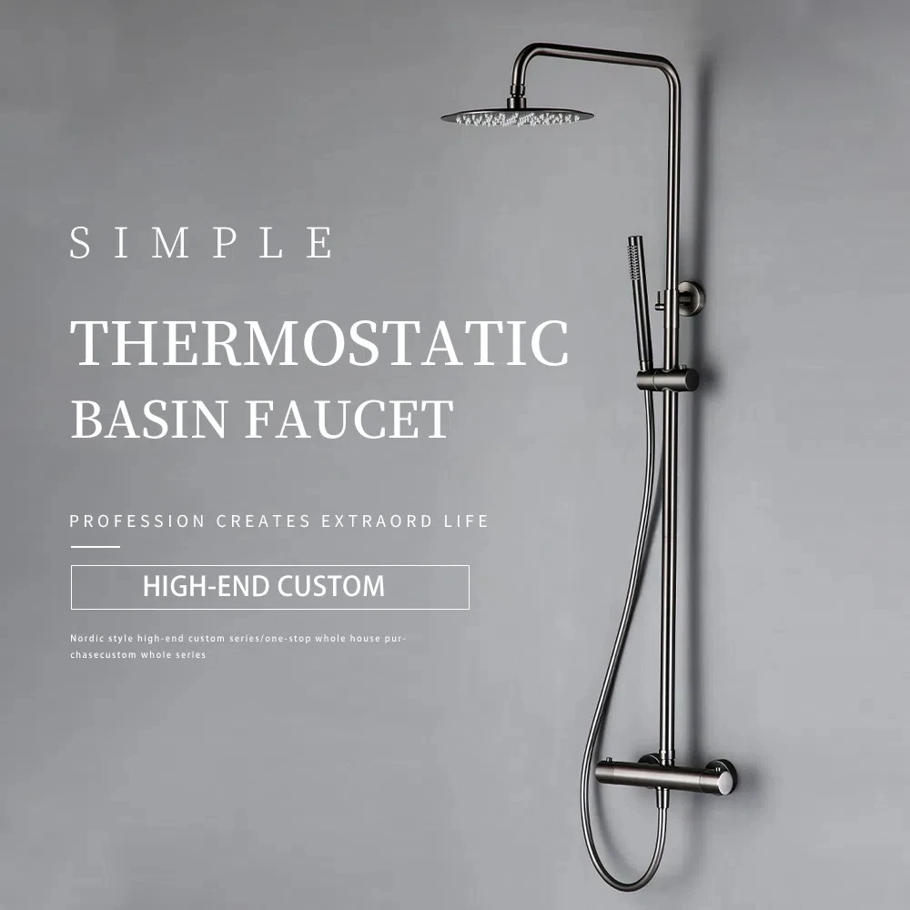 แปรงทอง/นิกเกิล/สีเทา/สีดําติดผนัง Thermostatic วาล์วระบบทองเหลืองก๊อกน้ําฝน 8 - 10 "ด้านบนสเปรย์หัวห้องน้ําชุดฝักบัว 1