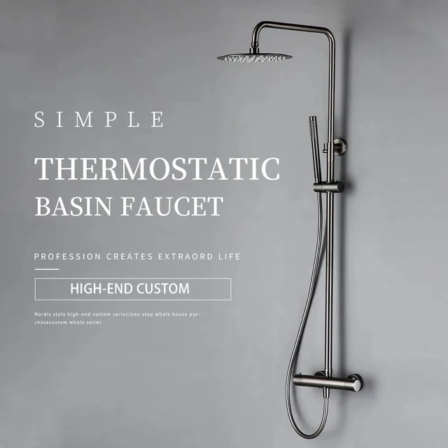 แปรงทอง/นิกเกิล/สีเทา/สีดําติดผนัง Thermostatic วาล์วระบบทองเหลืองก๊อกน้ําฝน 8 - 10 "ด้านบนสเปรย์หัวห้องน้ําชุดฝักบัว 1
