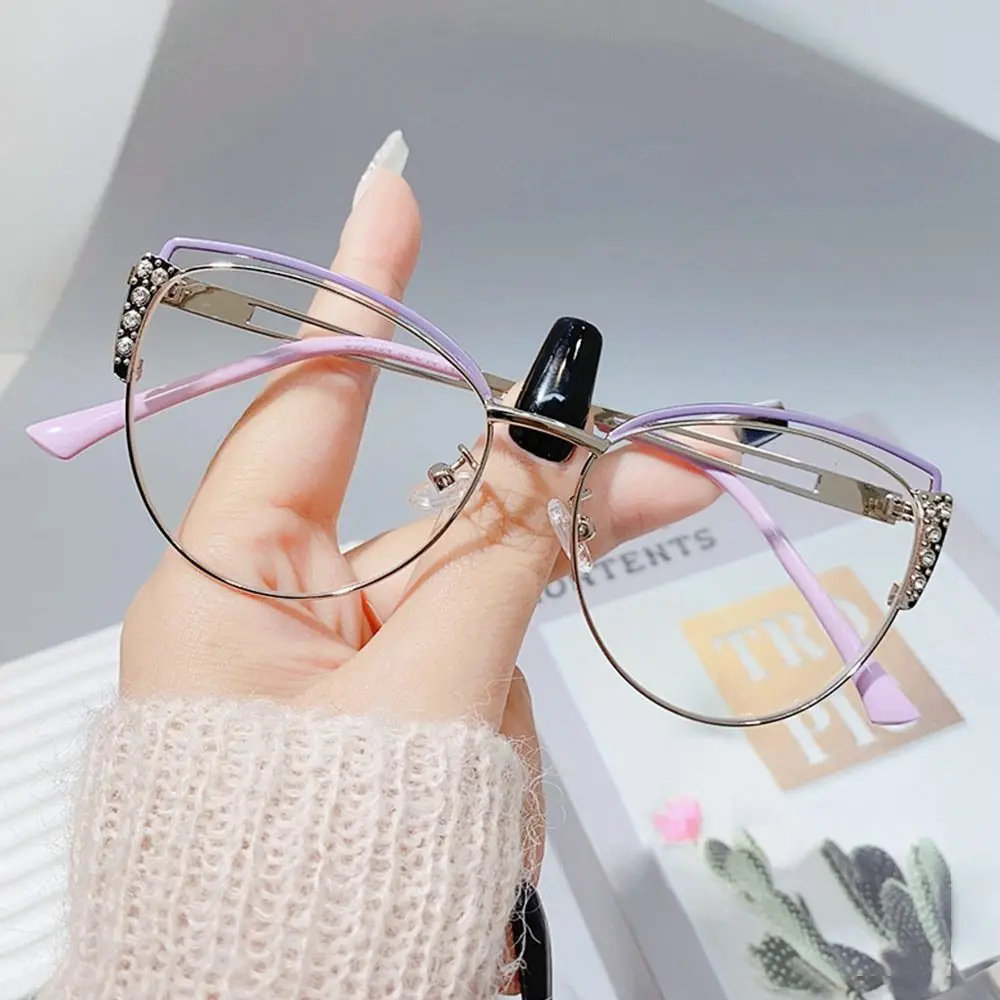 Luxury Diamond Cat Eye Anti-Blue Light Blacking Glasses Women Rhinestone Optical Lenses In Trendy Computer Reading Eyeglasses