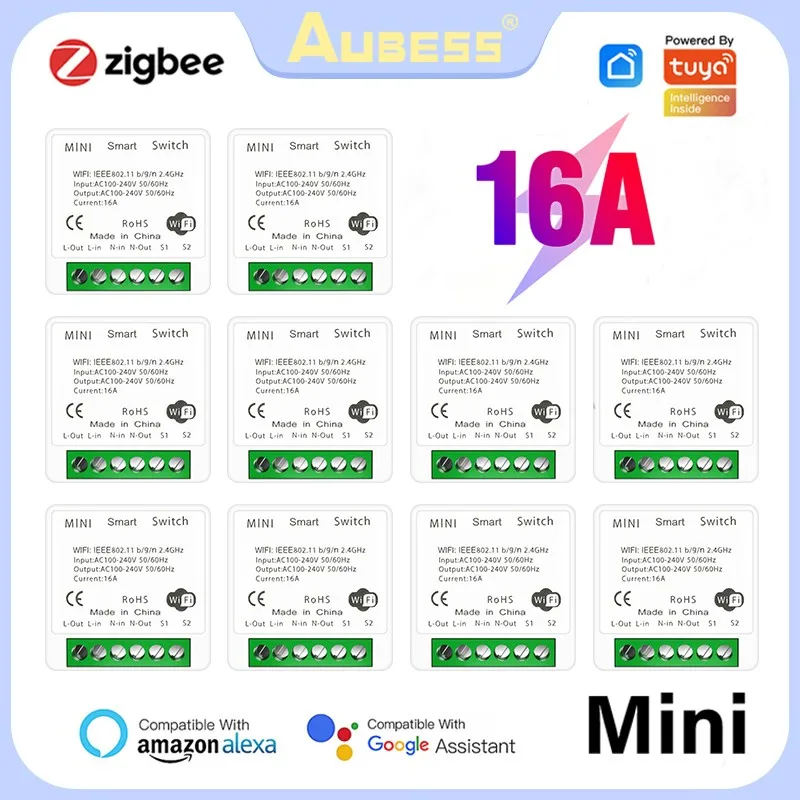 Aubess-interruptor Inteligente Controle Remoto Temporizador de Voz Interruptor de Luz Trabalhar com Alexa Google Home Tuya Zigbee3.0 10a 16a