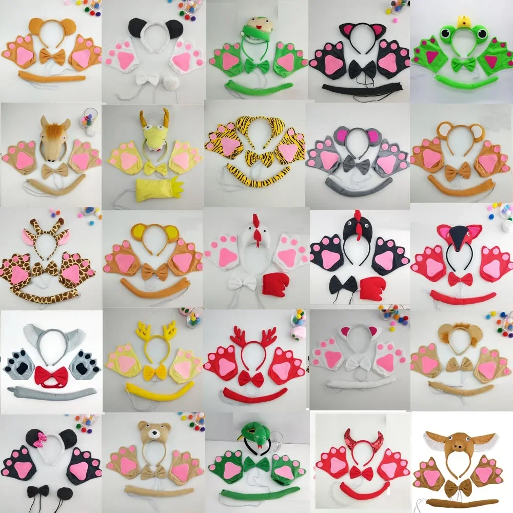 

Повязка на голову с ушками животных, хвост, галстук, унисекс, украшения для детей, мальчиков, девочек, детский праздничный костюм на день рождения, искусственный подарок, костюм на Хэллоуин