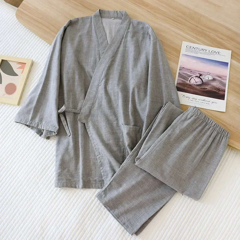 Japanese Mens Pyjamas Lace-up Gauze Kimono Summer Autumn Pajamas Five-point Sleeve Sleep Wear Suit