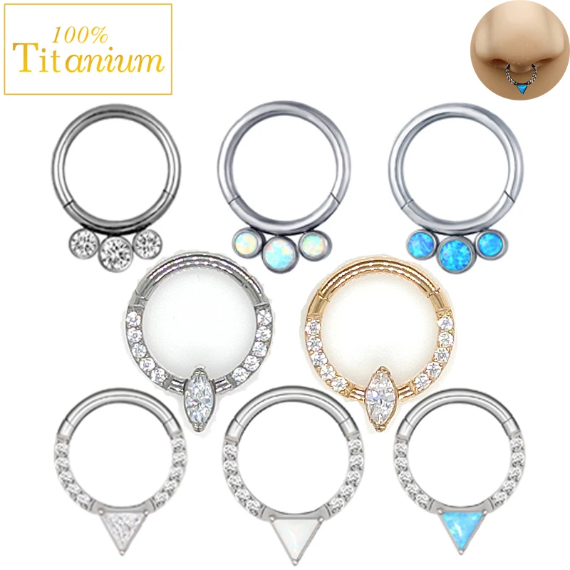 

ASTM F136 Titanium Earrings Opal Septum Piercing Hinged Segment Hoop Zircon Nose Rings Ear Daith Helix Cartilage Percing Clicker