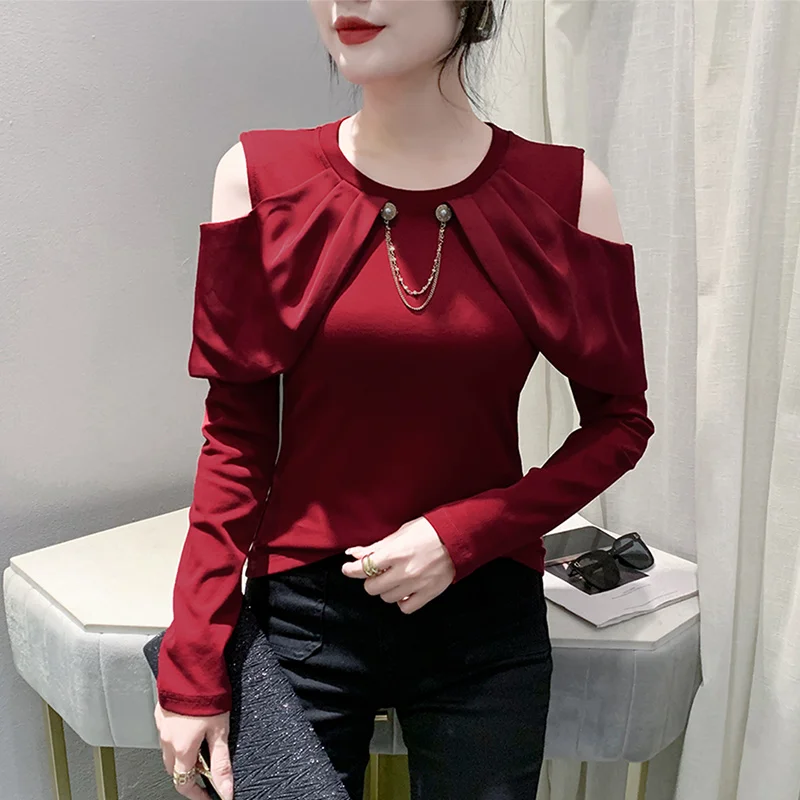 

#8724 Black Red Brown Off Shoulder T Shirt Women Long Sleeve Vintage Office T Shirt Female Sexy Split Joint Ruffles Short Tshirt
