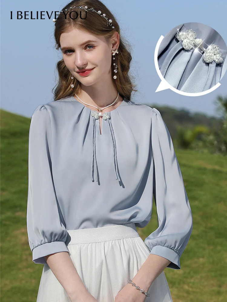 I BELIEVE YOU Women's Blouse Puff Sleeve Shirts 2023 Spring Chic Oneck Chiffon Tops Office Lady Shirts Clothing 2231204943