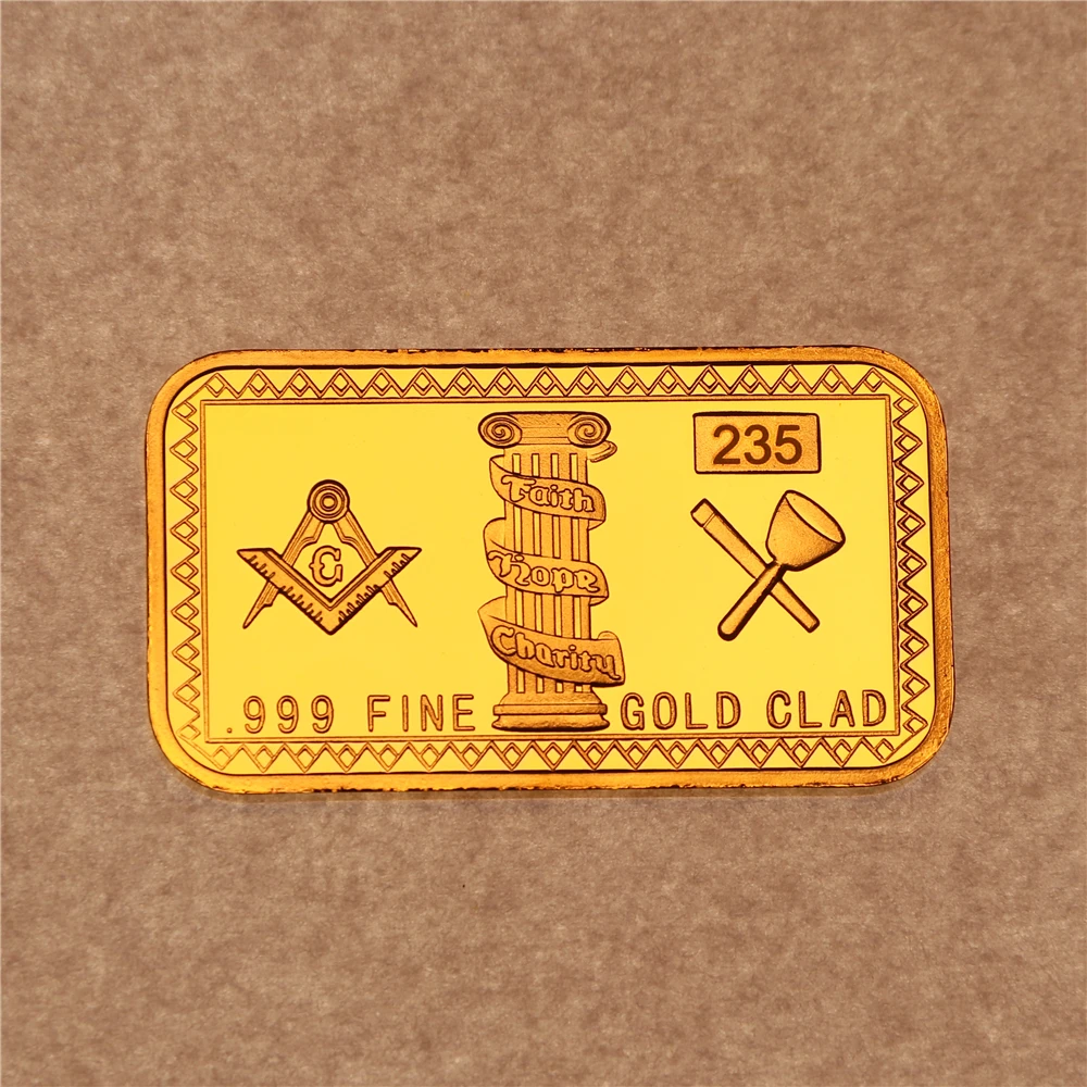 

24K Gold Plated Freemasons Masonic Challenge Coin Golden Bar 999 Fine Gold Clad 3D Design With Case Cover