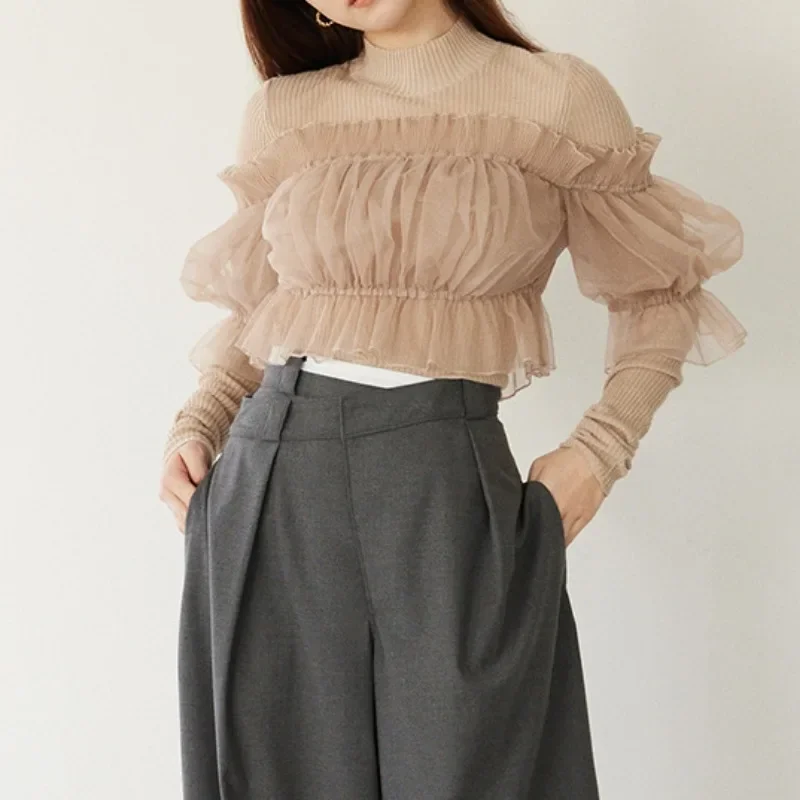 japan-style-patchwork-lace-solid-color-tulle-tops-women-2024-autumn-winter-long-sleeve-pullover-semi-high-neck-slim-sweater