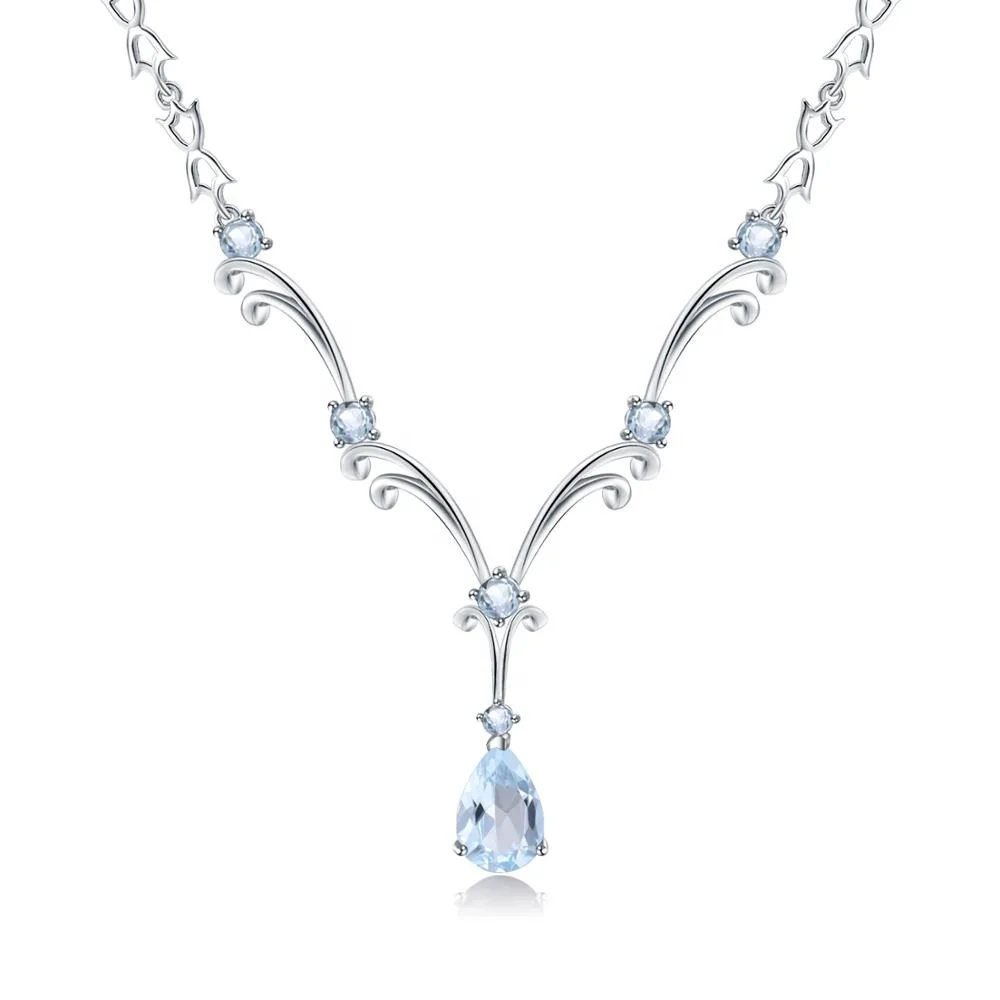 Luxury 925 Sterling Silver Statement Pendant Necklace-Natural Sky Blue Topaz Jewelry for Ladies