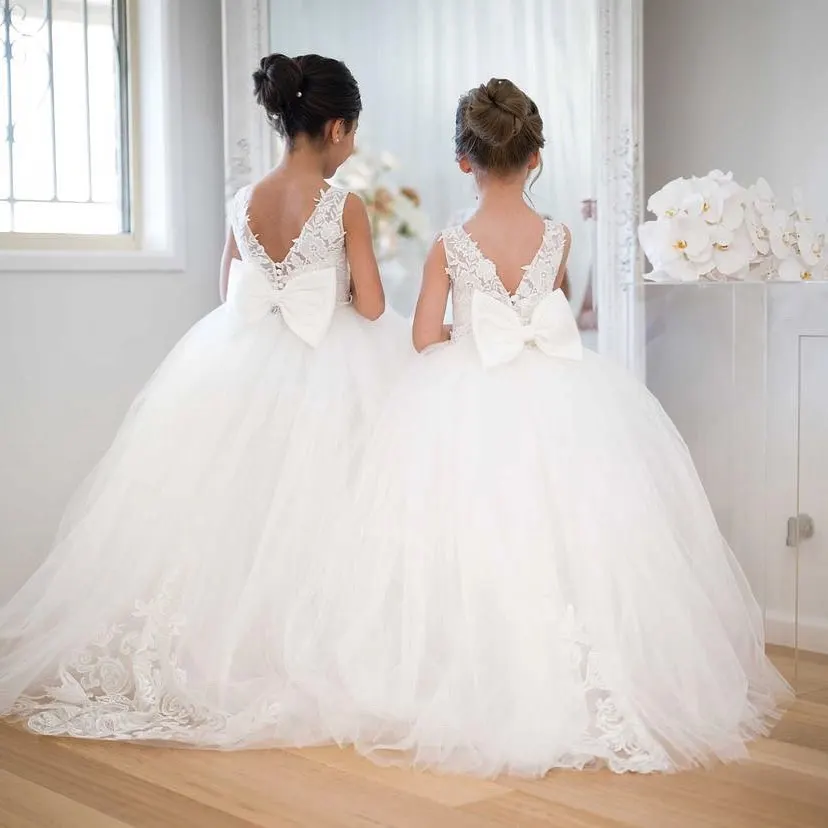 FATAPAESE Flowers Gril Dress Camellia Gowns Appqulies Beads Bow With Long Train Backless Buttons Wedddding Party Ball Gown TUTU