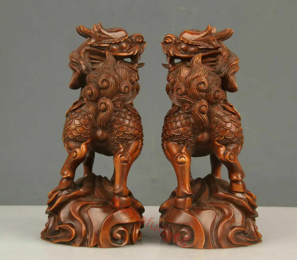 Chinese Exquisite Hand-carved Kirin Carving Boxwood statue 2pcs 4