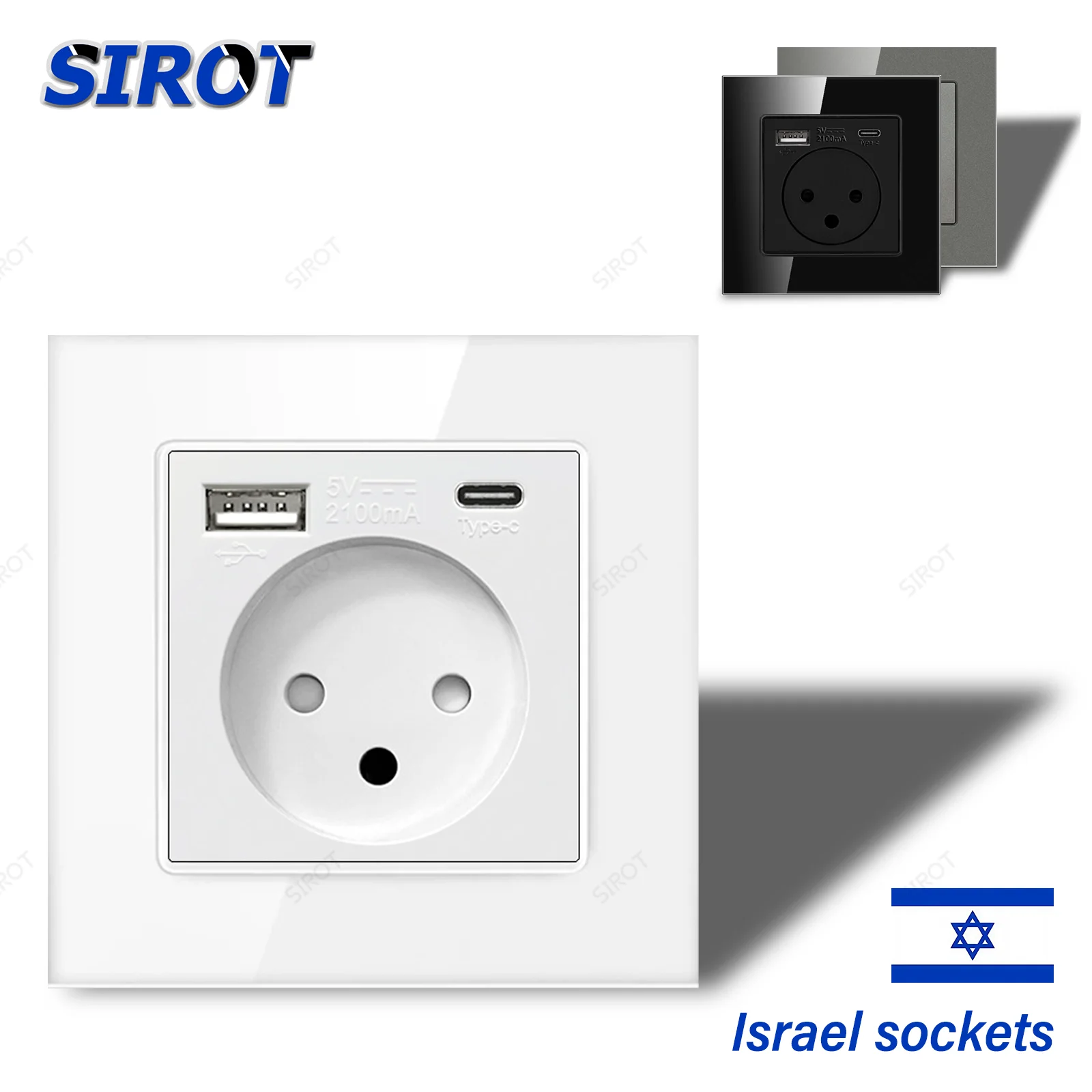 SIROT Israel Power Socket with USB Type C, 86mm Tempered Glass Panel, AC 230V 50Hz Israeli Standard Wall Outlet White Black Grey 1