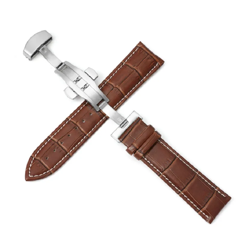 Genuine Leather Watch Bracelet with Stainless Steel Butterfly Buckle
