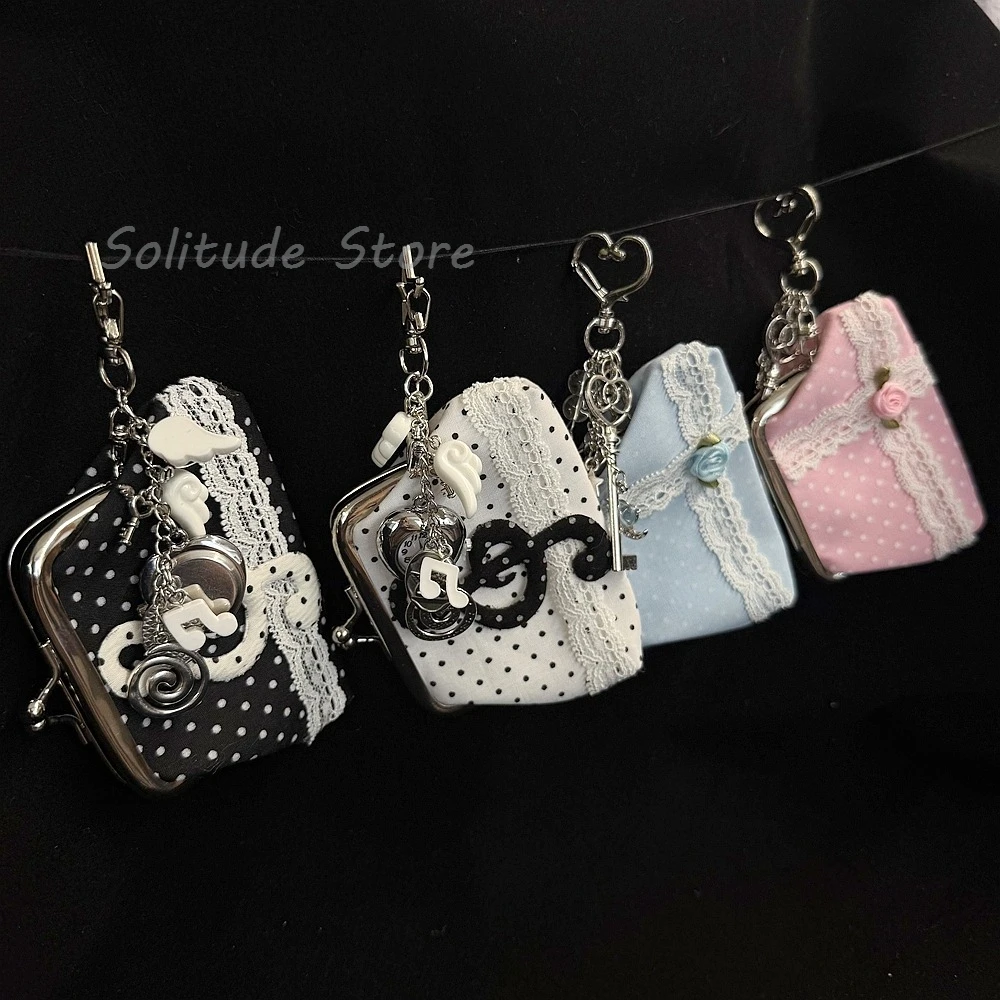 Charming Vintage-Inspired Y2K Lace Coin Purse with Rose Details and Hanging Pendant