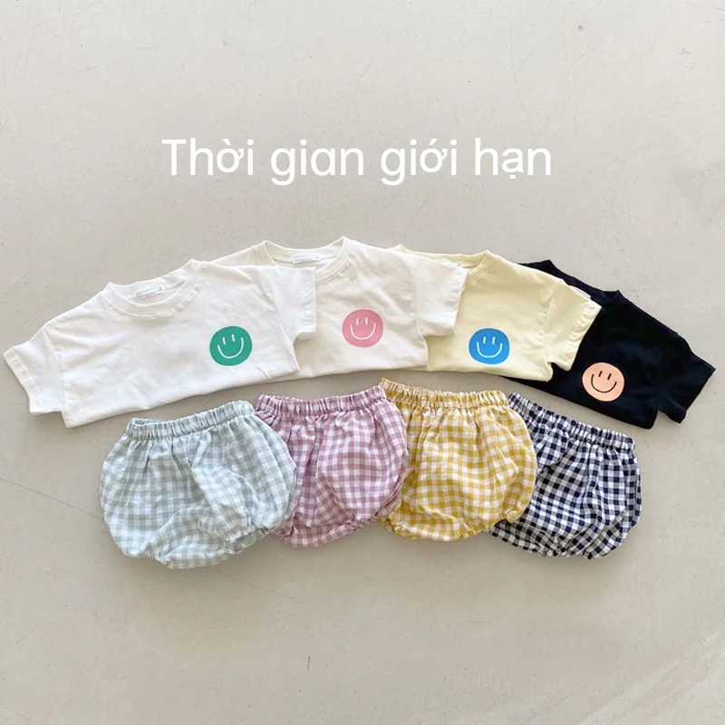 Girls Boys Cotton Smile Face Short Sleeve T-shirt Plaid Shorts Two-pieces Suit Summer Baby Clothes Set