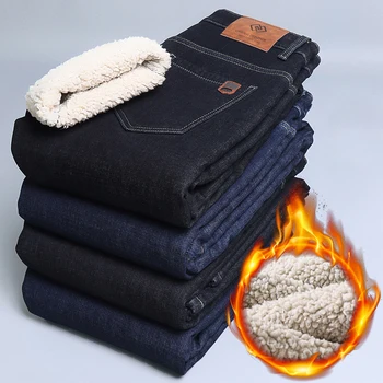 남성용 클래식 레귤러 핏 플리스 청바지, 비즈니스 패션, 루즈 캐주얼 스트레치 바지, 남성 브랜드 플러스 벨벳 패딩 따뜻한 바지