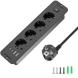 European Plug Desktop Power Strip with 6 - Outlets & USB - C Fast Charging Ports, Master Switch & 2m Extension Cable - 4AC black
