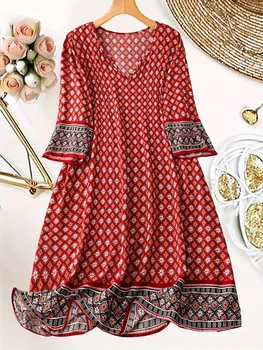 Plus Size Women's Red Geometric Print 3/4 Bell Sleeve Maxi Dress Ethnic Style Casual Loose Gown 2026 New