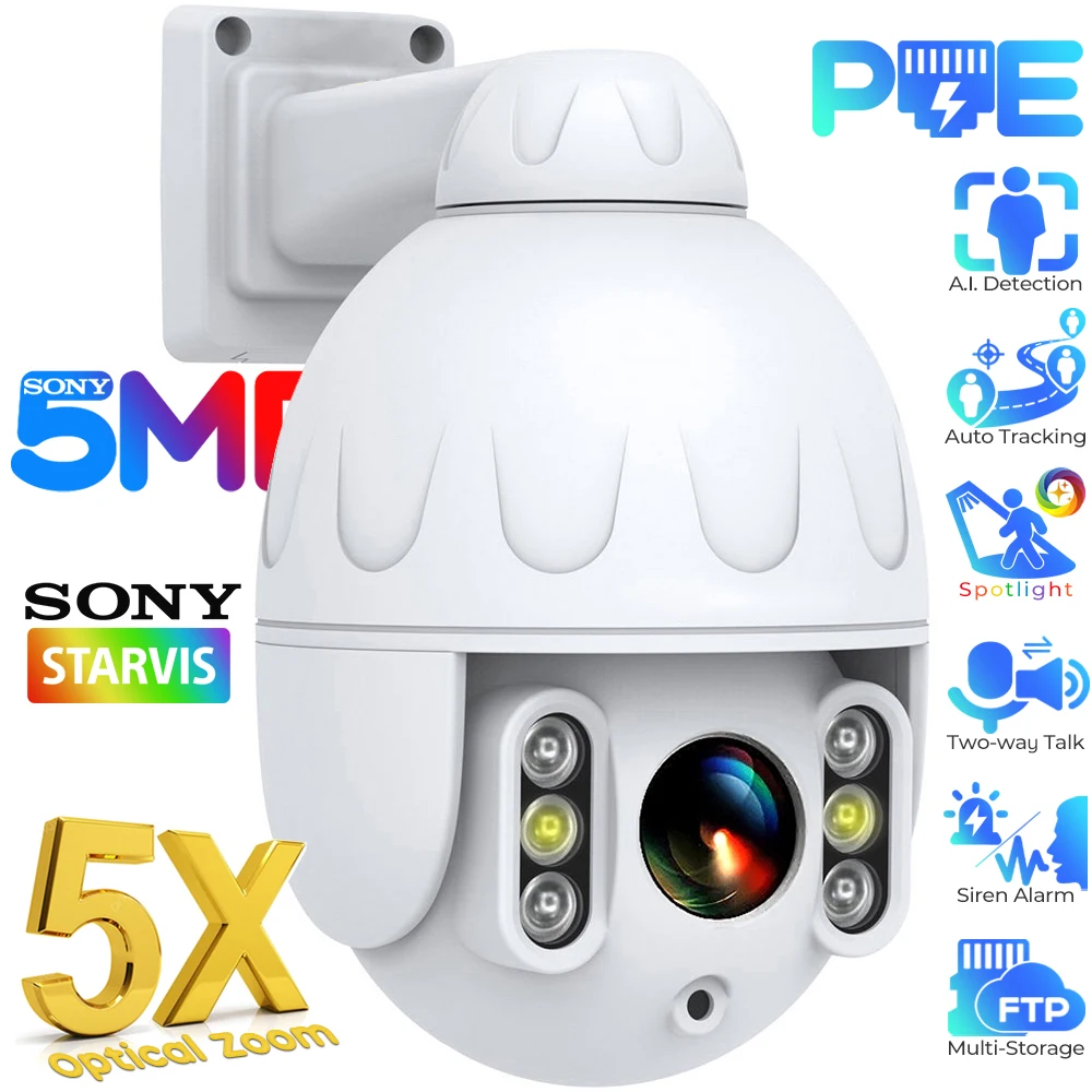 

5 МП PTZ-камера с 5-кратным оптическим зумом Уличные камеры видеонаблюдения PoE Обнаружение человека IP-камера с автоматическим слежением Цветное ночное видение Sony Металлическая купольная камера наблюдения Запись на