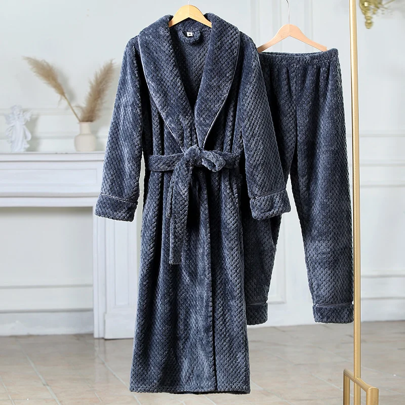 2023 New In Men Women Winter Flannel Cozy Warm Couple Pajamas Pajama Pants Set Solid Color Robe With Belt Home Wear