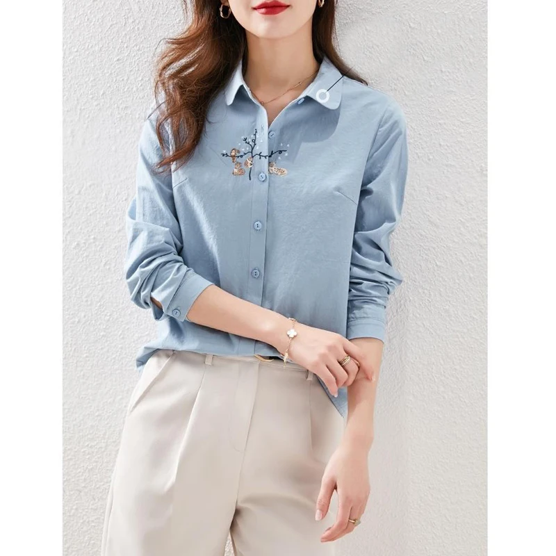 

Women Vintage Embroidery Cotton Button Shirts Fashion Loose Solid Long Sleeve Office Lady Blouses Simple Casual Tops Ropa Mujer