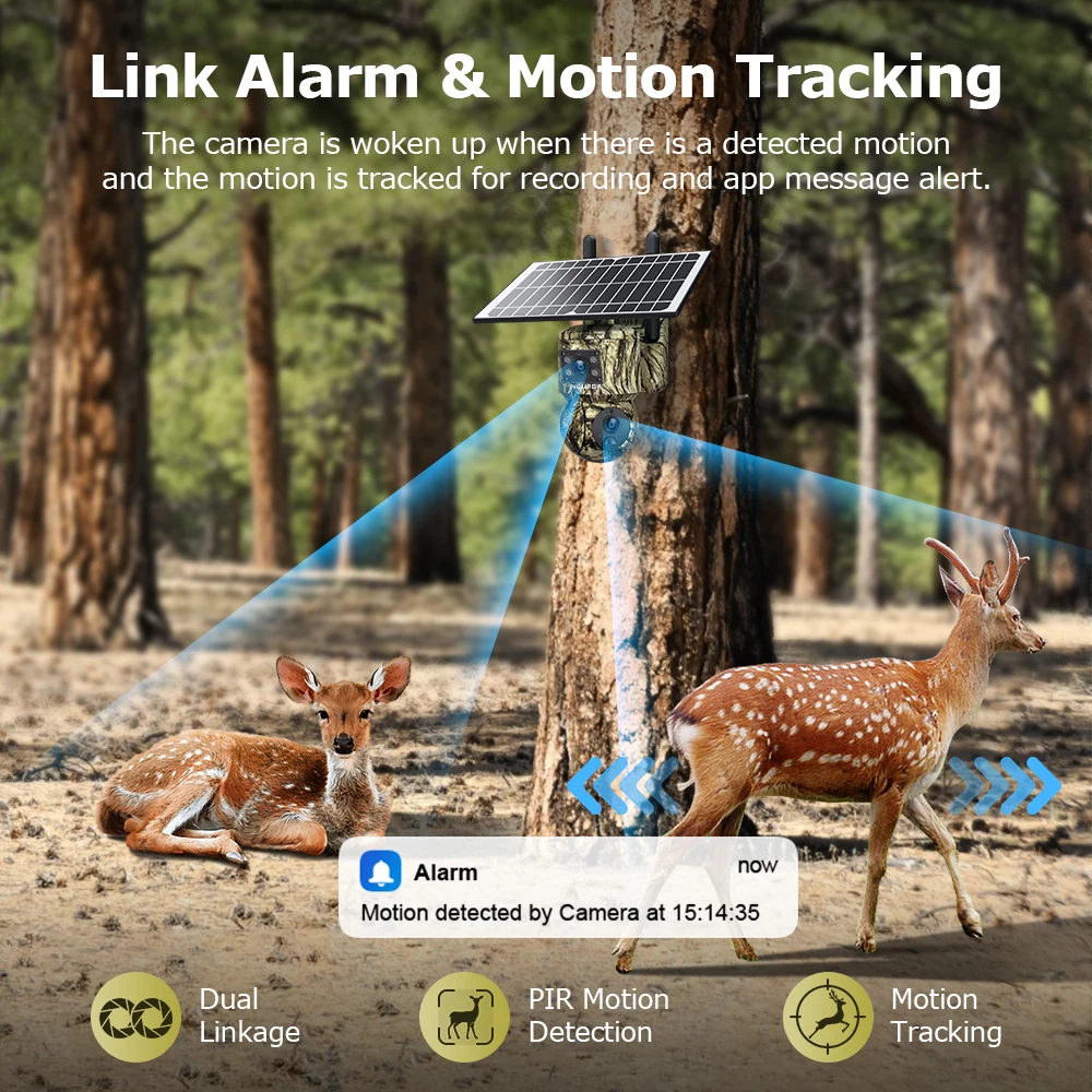 8MP Trail Camera Dual lens Outdoor, 3G/4G LTE, Solar Powered Camera with 360° Pan Tilt, 4K Night Vision, Smart Motion Activated 5