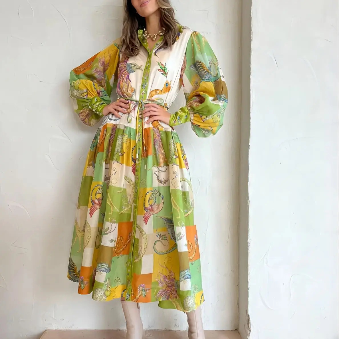 

2023 Single Breasted Long Lantern Sleeve Graffiti Print Lace Up Waist Dress