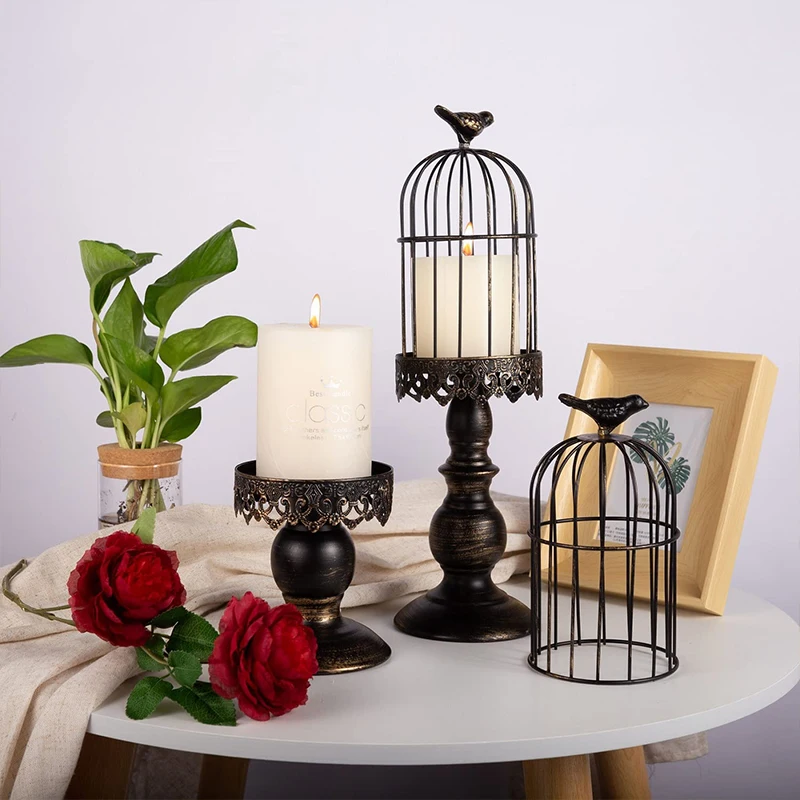 2pcs Decorative Birdcage Candle Holders For Pillar Candles Black White  Vintage Candle Holder Metal Bird Cage Candle Stands For Rustic Home Decor  Table Wedding Centerpiece Bird Decor