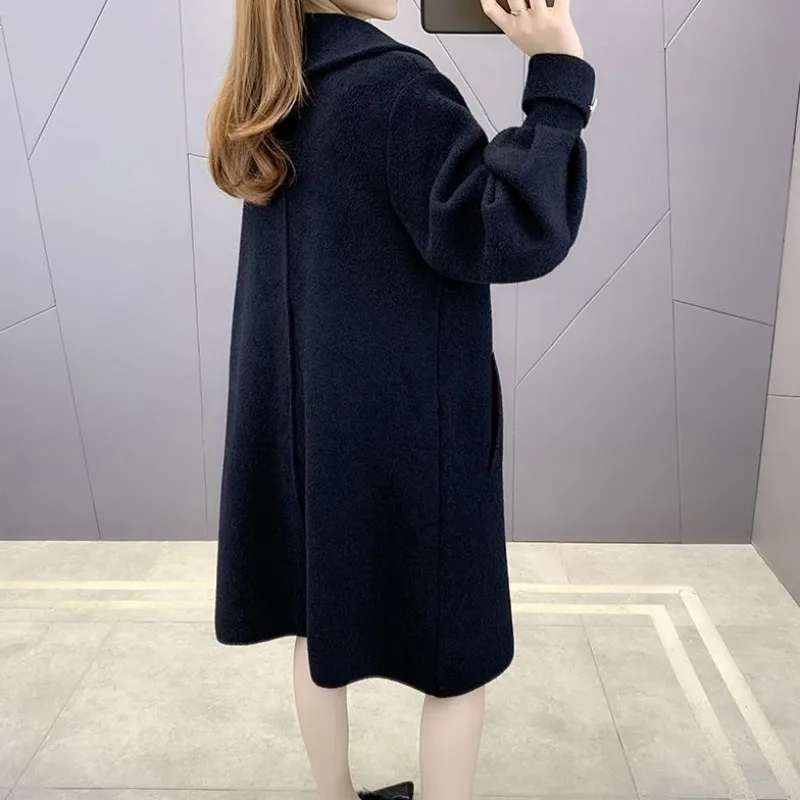 Double-Faced Woolen Coat for Women, Mid-Length Outwear, Loose, Large Size, Female Fashion, Monochromatic, Autumn Winter, 2024