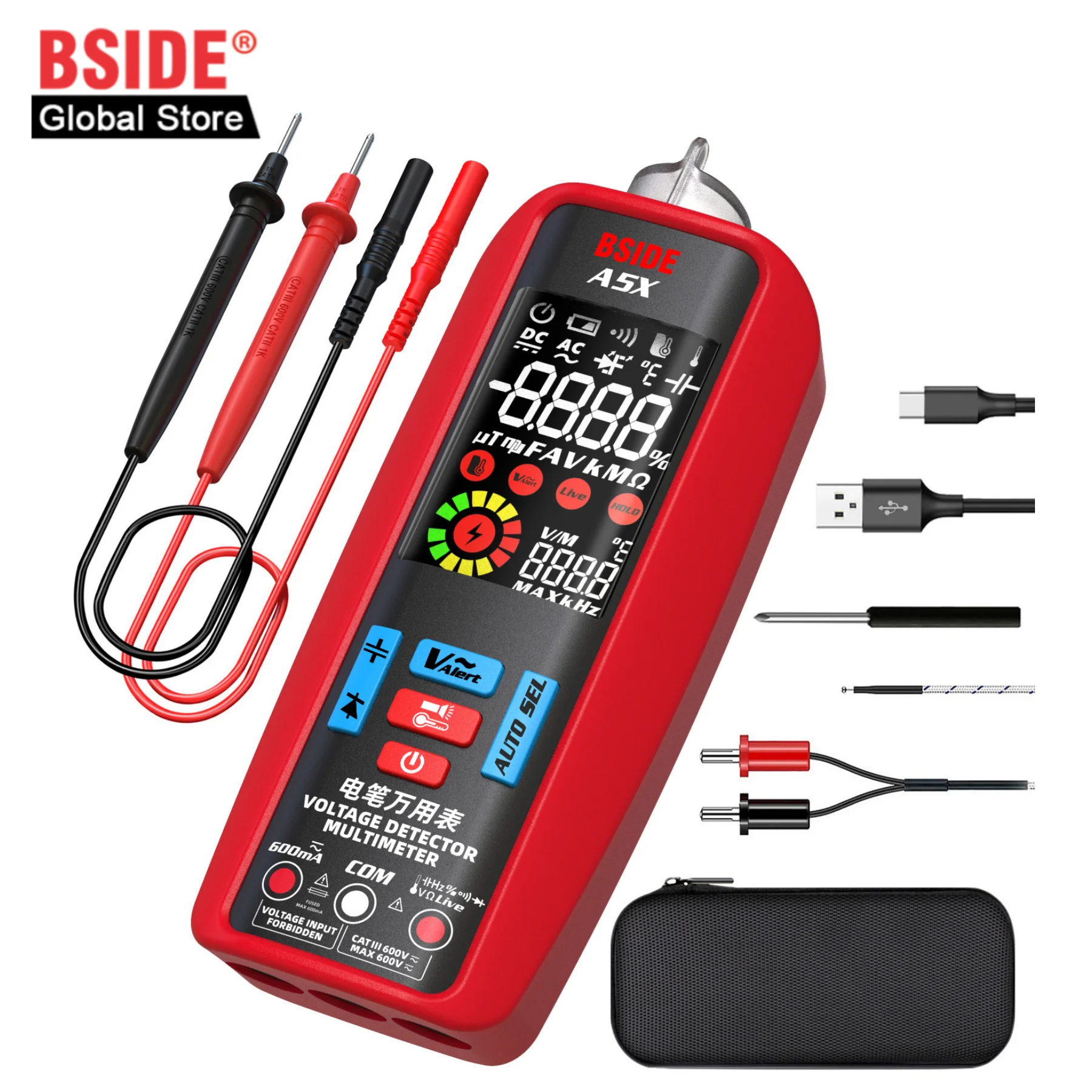 

BSIDE A5/A5X Voltage Tester Smart Digital Multimeter Non-Contact Electrician Detector Voltmeter Ac Live Wire Ohm Hz NCV Meter