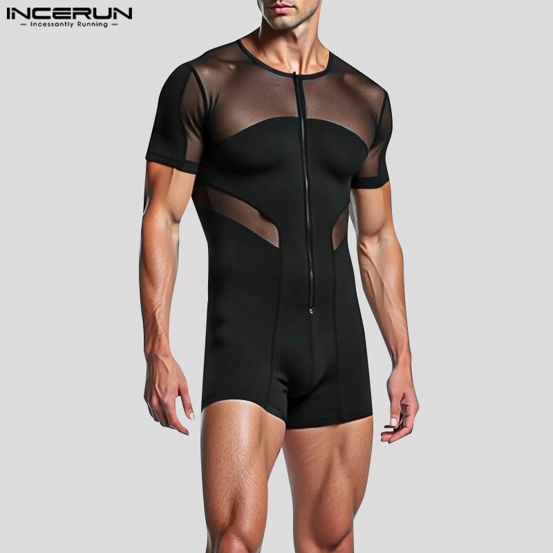 INCERUN American Style Fashion Rompers Men Mesh Splicing Jumpsuits Sexy Homewear Short Sleeved Zipper Flat Corner Neck Bodysuits men bodysuits,men jumpsuits