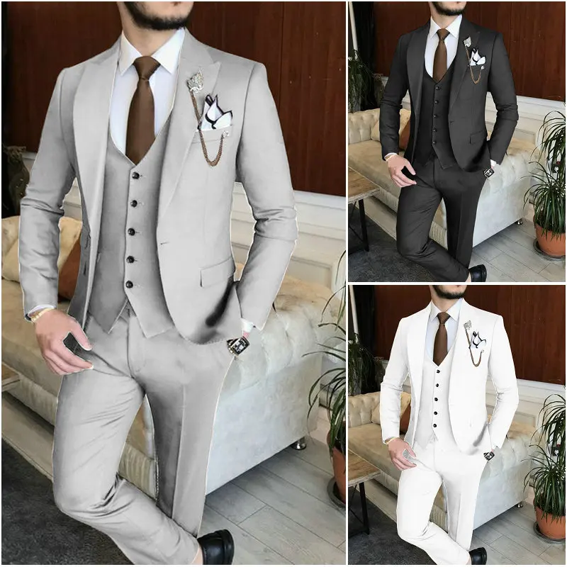 

Повседневный мужской костюм светильник серого цвета, Официальный облегающий смокинг для жениха, 3 предмета, мужские костюмы