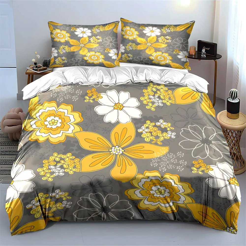 Yellow White Floral Seamless Bedding Set,Minimalist Grey Background Flower Print 1 Duvet Cover 2 Pillowcase,Soft Microfiber 3PC 2