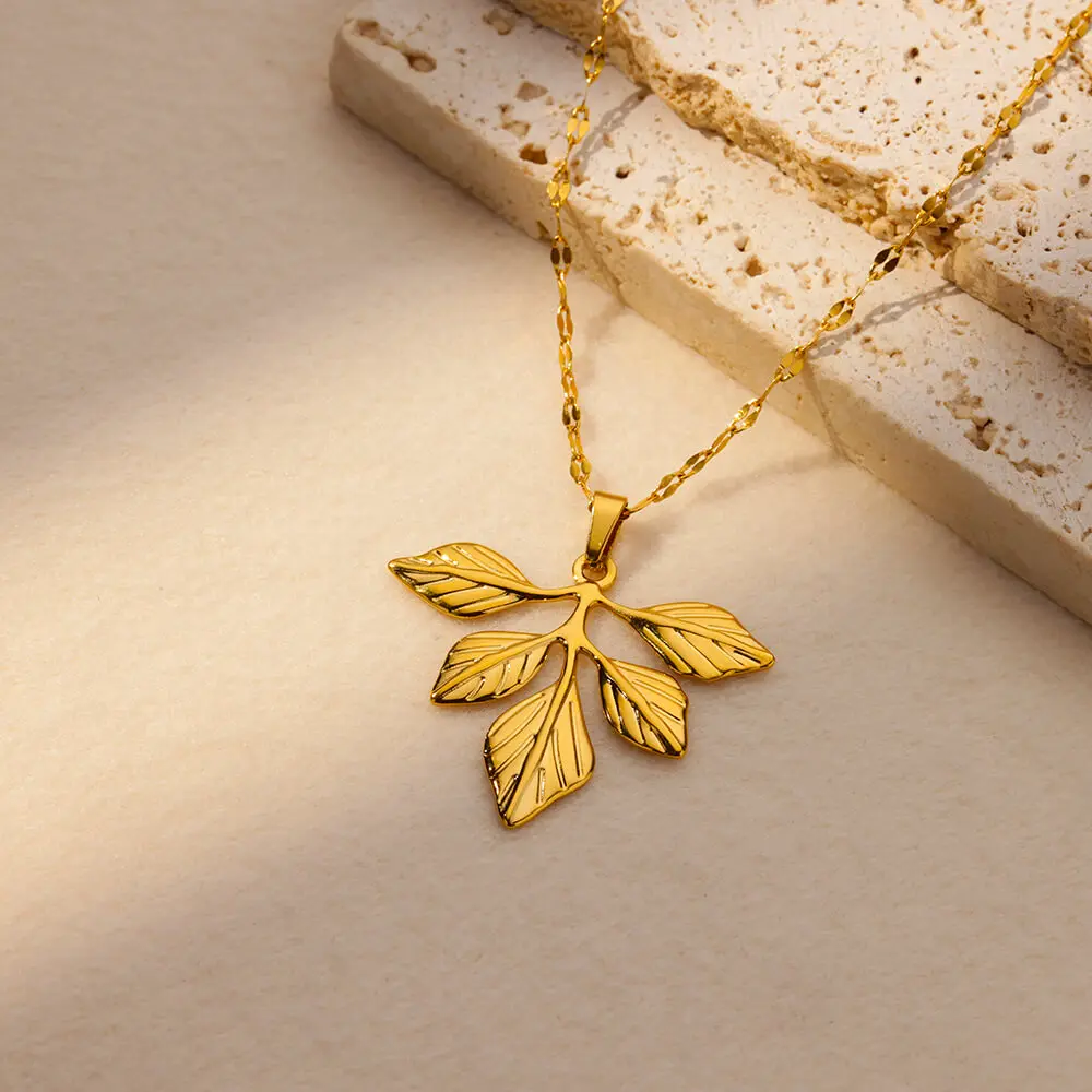 Stainless Steel Leaf Pendant Necklace for Women Gold Plated