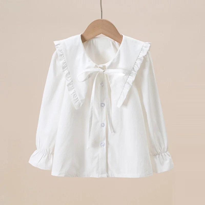 Kids Shirts Spring Autumn Baby Toddler Teenage Girls Ruffles Blouse Long Sleeve Cotton Pullover Tops 6 8 10 12 Years