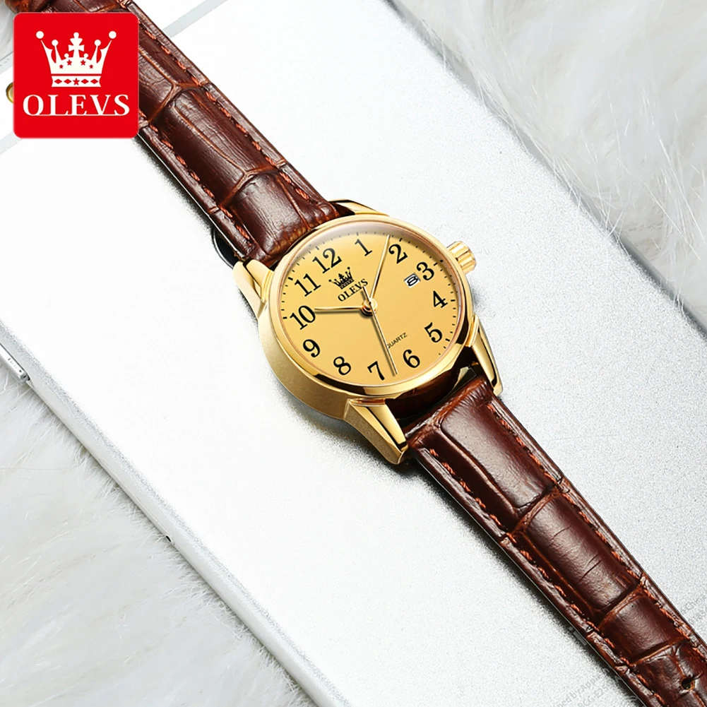 OLEVS 5566 Fashion Business Golden Watch for Women Luxury Brand Leather Strap Waterproof Ladies Quartz Wristwatch Woman Clock