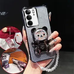 Shockproof Phone Case with Cute Bear Stand and Crystal Chain Lanyard - Glitter Design - Realme 14x (Black)