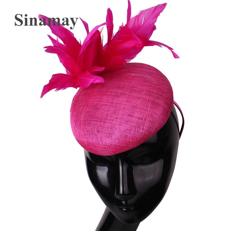 

Sinamay Fascinator Hats For Women Elegant Cocktail Wedding Church Fedoras Flower Feather Headpiece Wedding Chapeau Party Hat