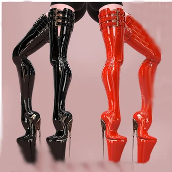 Stivali con plateau in pelle verniciata nera Tacco alto sottile sopra il ginocchio Alta moda Romanzo sexy Scarpe da donna invernali occidentali Zapatillas Mujer 1