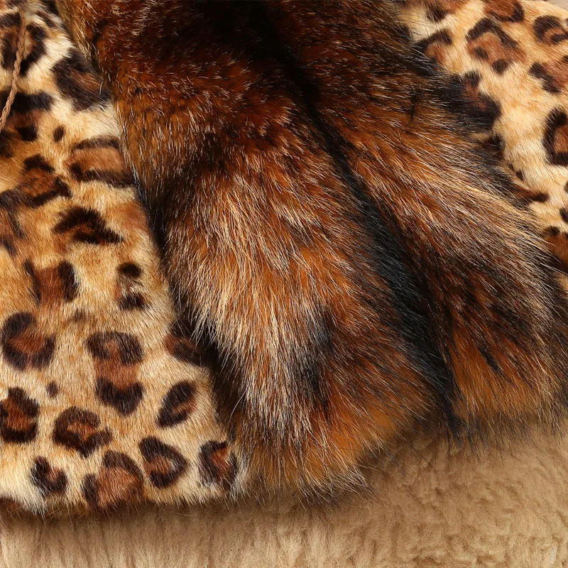 

S-6XL Leopard Print Sexy Natural Fox Fur Coats Outerwear Women Whole Skin Fur Overcoat Jackets Raccoon Dog Fur Collar