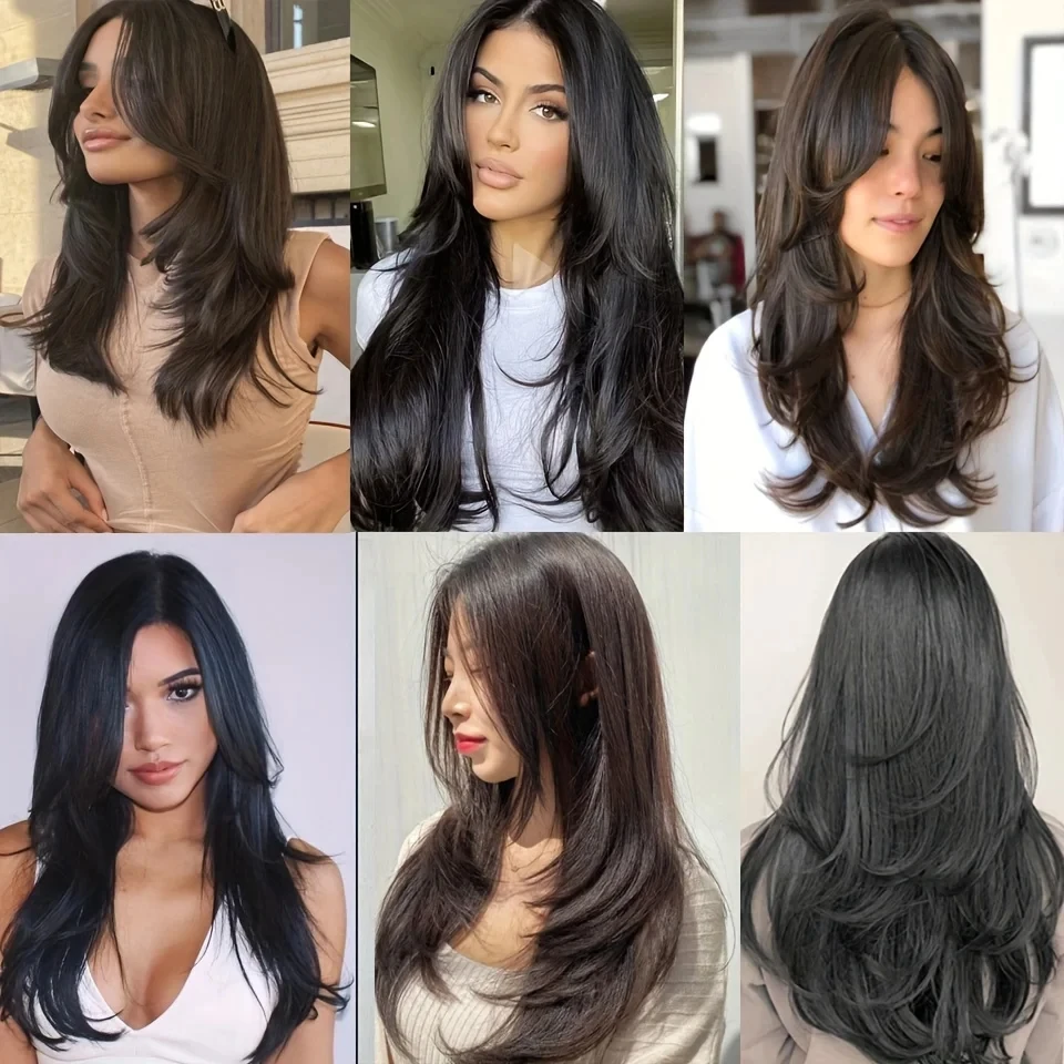 DUTRIEUX Synthetic Long Straight Hair Extensions 22 Inch Clip In Hair Extension V Shape Hairpieces Hair Clips Hair Brown Black