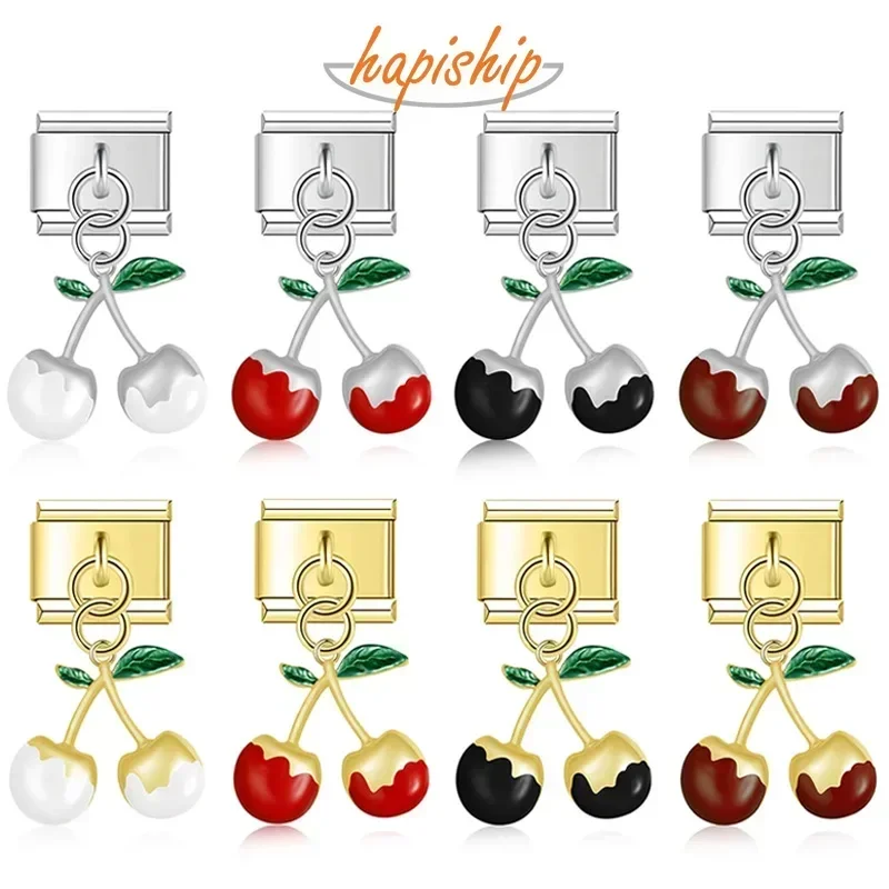 Hapiship 2024 Fashion New Women Gift Fruit Cherry Charm Italian Link Fit 9mm Bracelet Stainless Steel Making DIY Jewelry DJ745