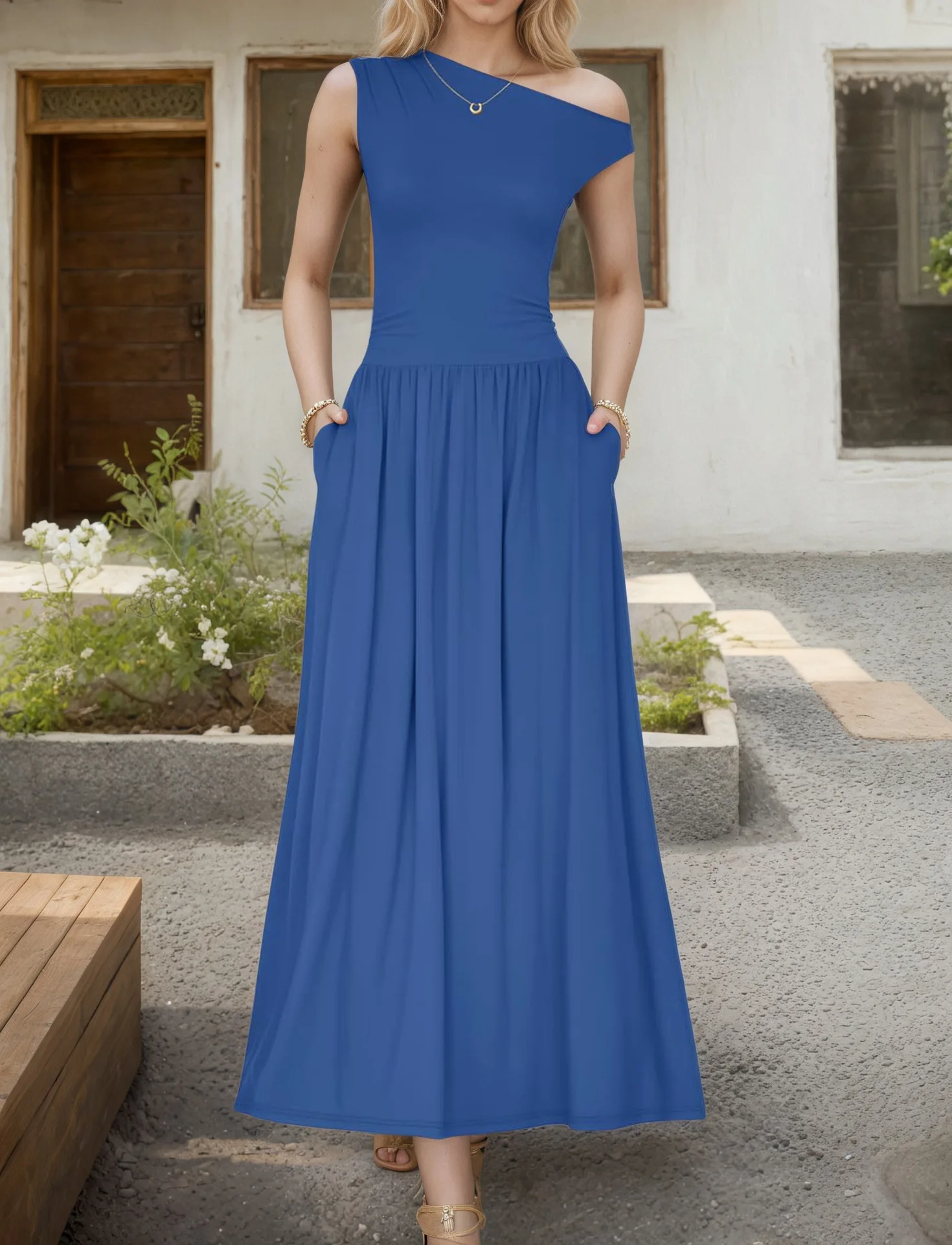 Ladies' Sloping Shoulder Pocket Dress 2025 Summer New Style Temperament Slim Fit Sleeveless Solid Color Long Skirt A-line Skirt photo