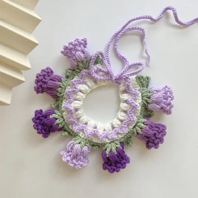 Pure hand knitting Cat Dog Knitted Collar Crochet Collar Pet Drool Scarf Bib Orchid Bell Flower Cute Photo Accessories 5