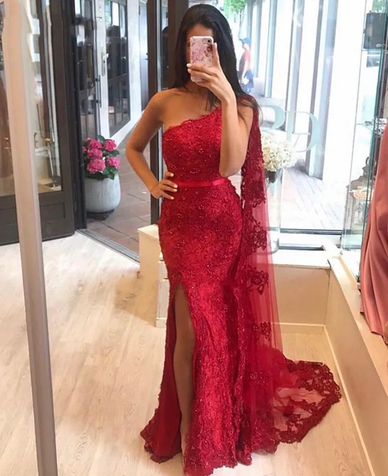 yellow prom dresses Sexy Lace Mermaid Evening Dresses 2022 Champagne Beads Appliques Side Slit One Shoulder Dubai Arabic Long Formal Evening Gowns white prom dress Prom Dresses