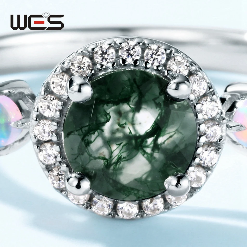 WES 925 Sterling Silver Natural 6*6mm Moss Agate Rings For Woman Anniversary Birthday Gift Fine Jewelry Trendy Elegant