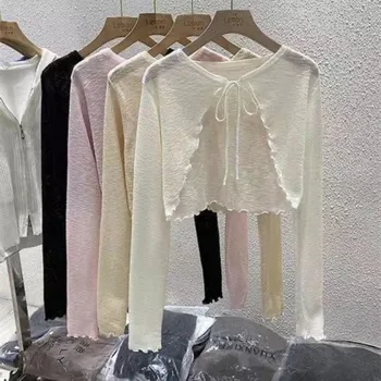 Summer Women Thin Sunscreen Cardigan Lace-up Knitwear Tops Female Korean Style Lantern Sleeve Short Coat Casual Sun Protected 1