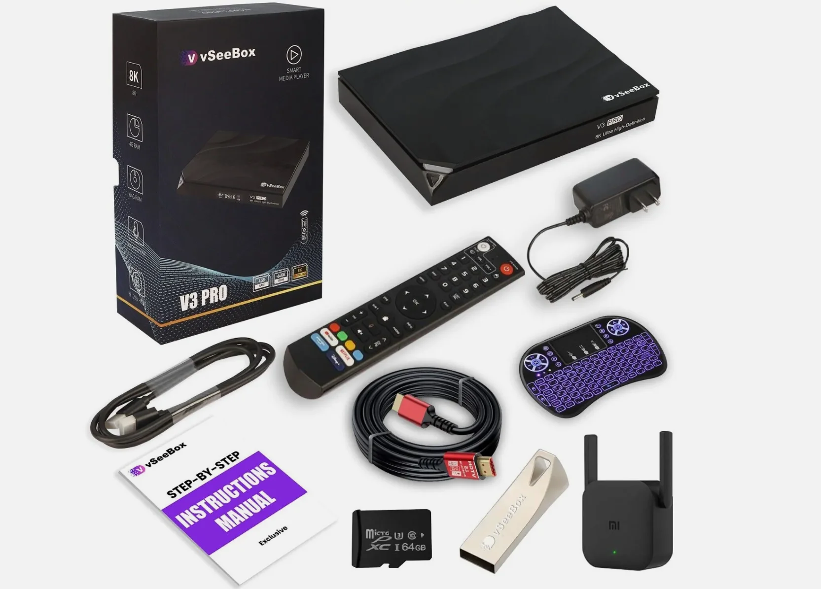 

Discount BUY 2 GET 1 FREE vSeeBox V3 Pro Bundle 8K HDMI, 64GB Card/Drive, WiFi Extender, Keyboard